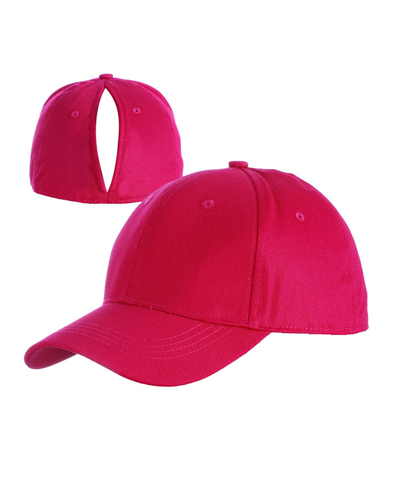 Hot pink magnetic ponytail baseball cap, front and back views