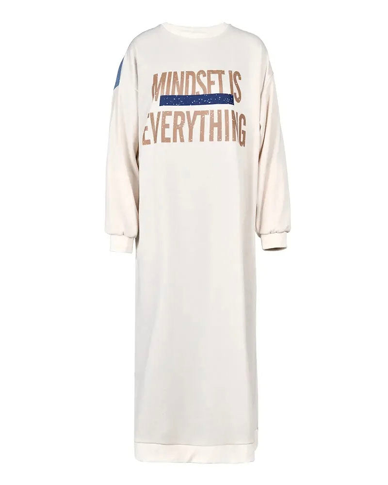 White sweatshirt and blue denim maxi dress, front and back product views