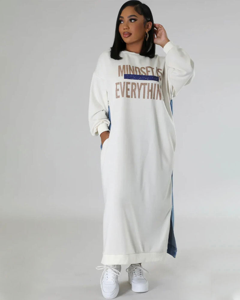 White sweatshirt and denim maxi dress, casual front view