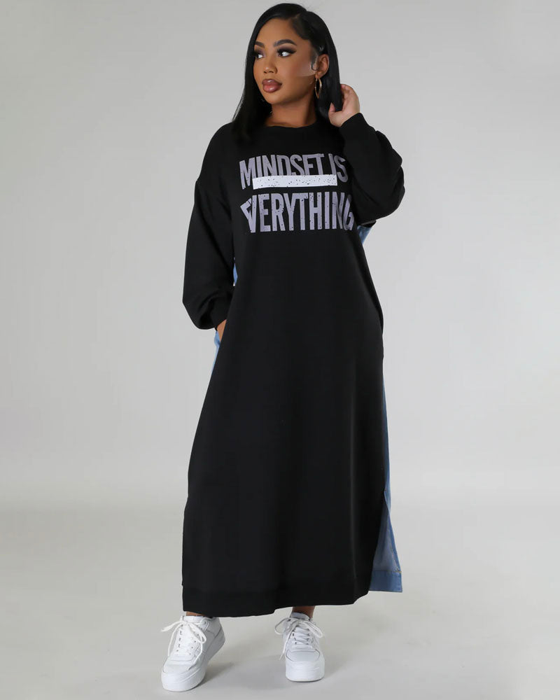 Black sweatshirt and denim maxi dress, lifestyle side view
