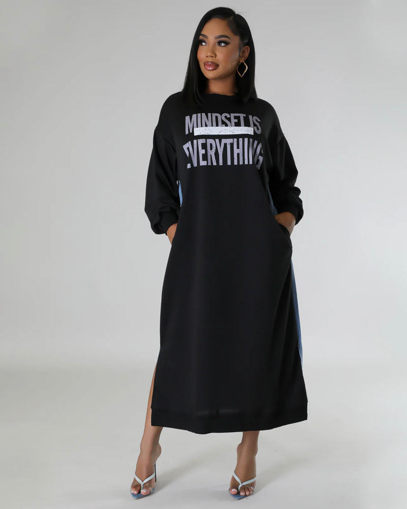 Black sweatshirt and denim maxi dress, lifestyle front view