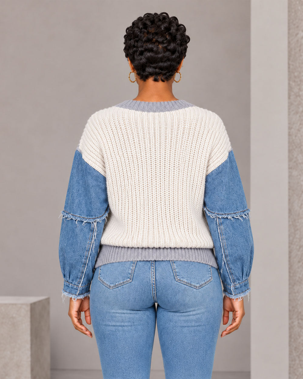 Mixed Signals Denim-Sleeve Sweater