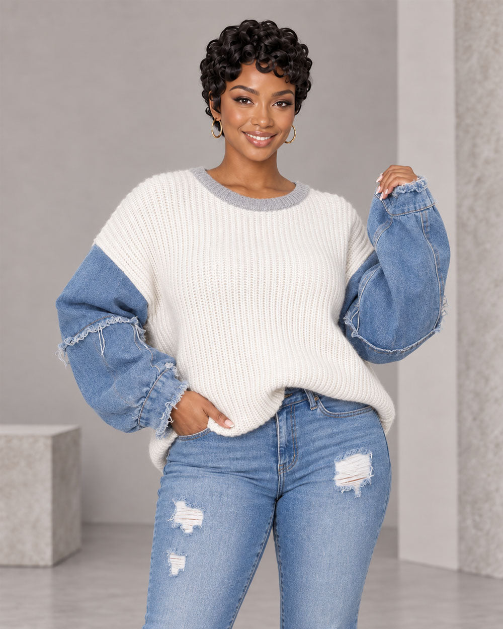 Mixed Signals Denim-Sleeve Sweater