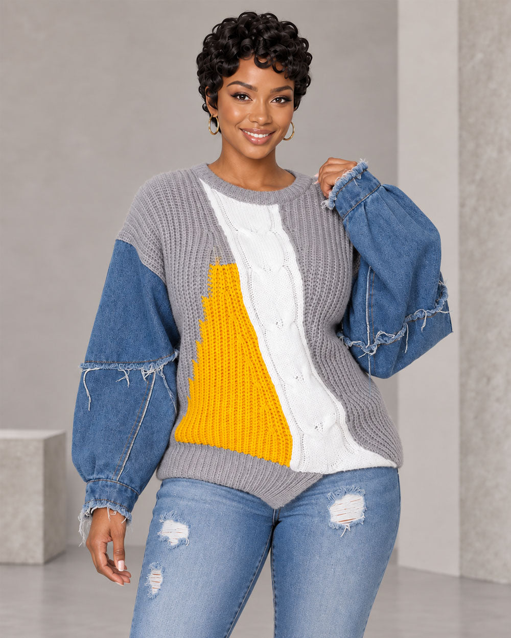 Mixed Signals Denim-Sleeve Sweater