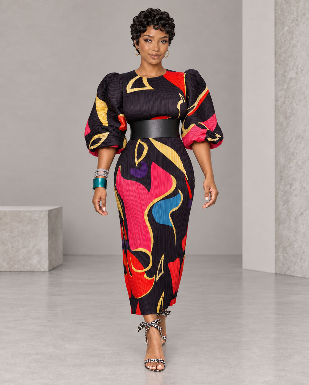 Black and red abstract-print pleated midi dress, full front view