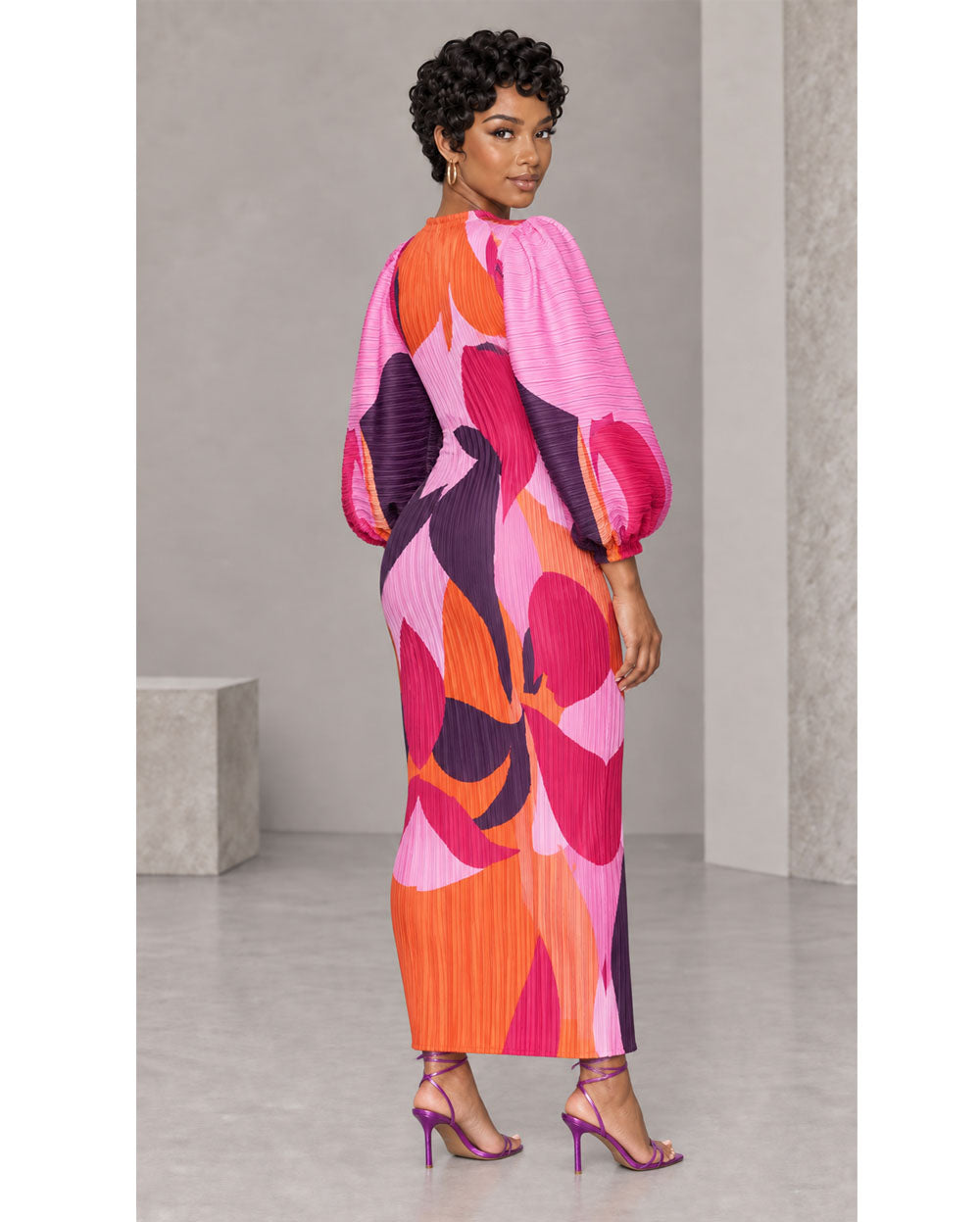 Pink and orange abstract-print pleated midi dress, front pose