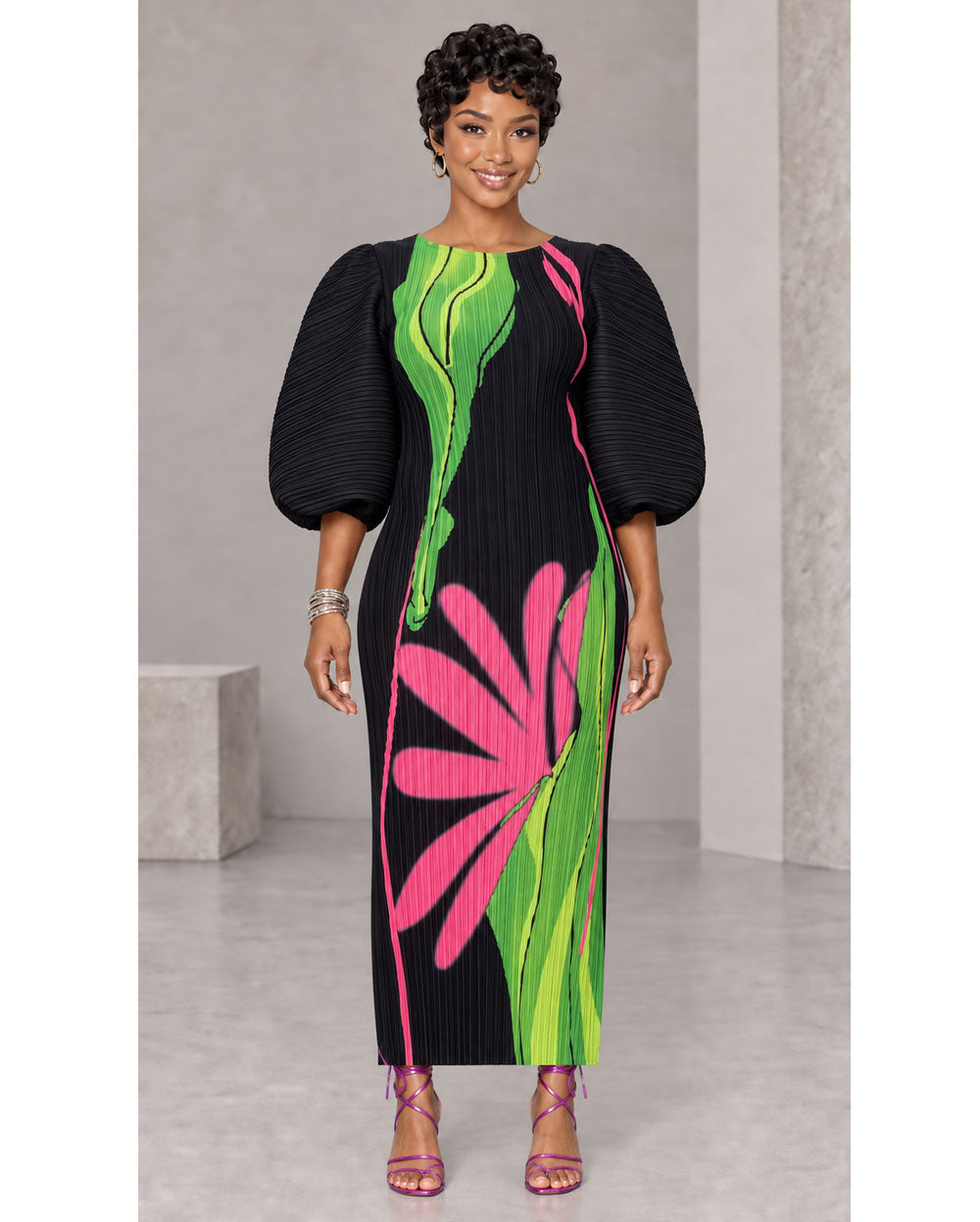 Black and green abstract-print pleated midi dress, front pose