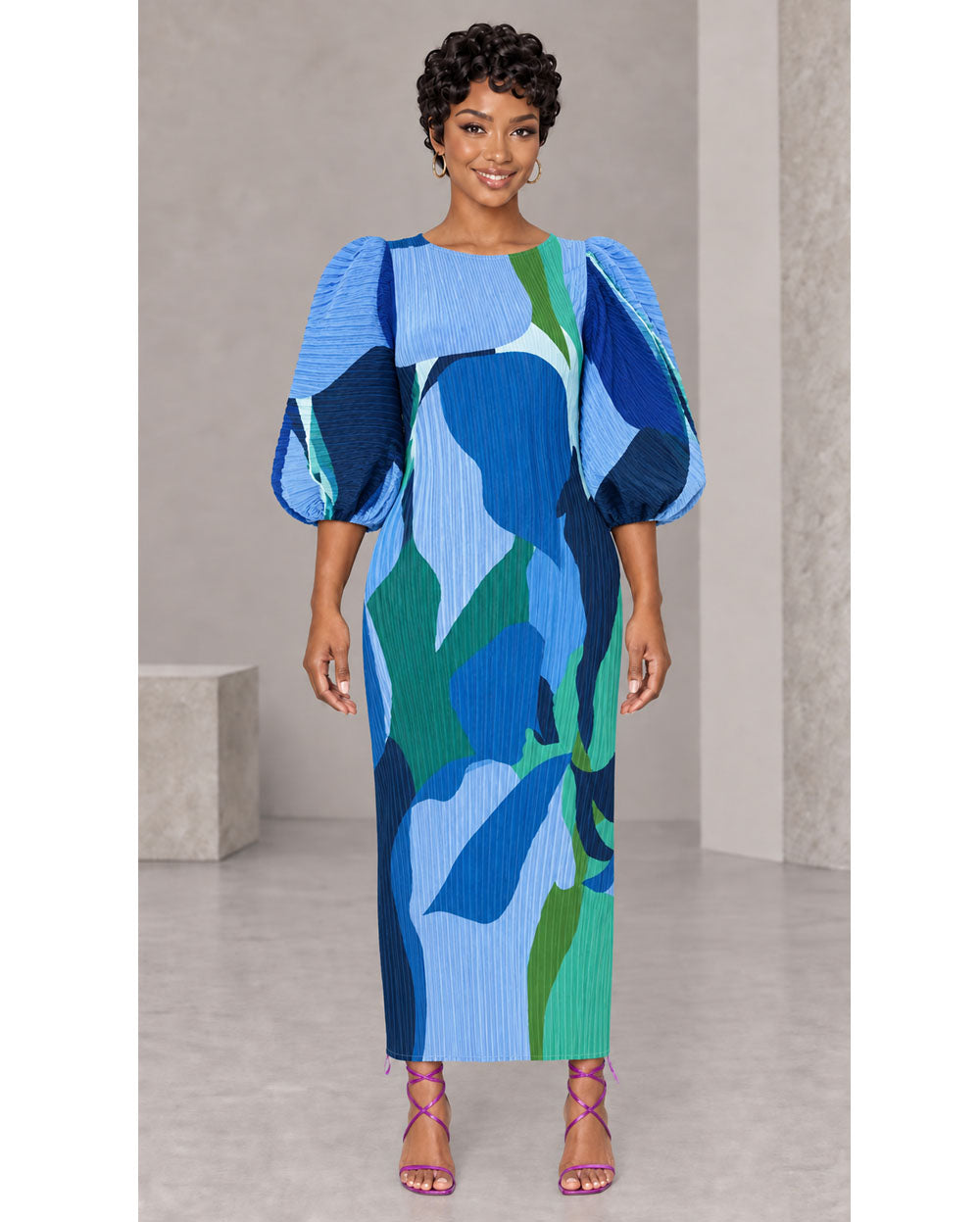 Blue and green abstract-print pleated midi dress, front view