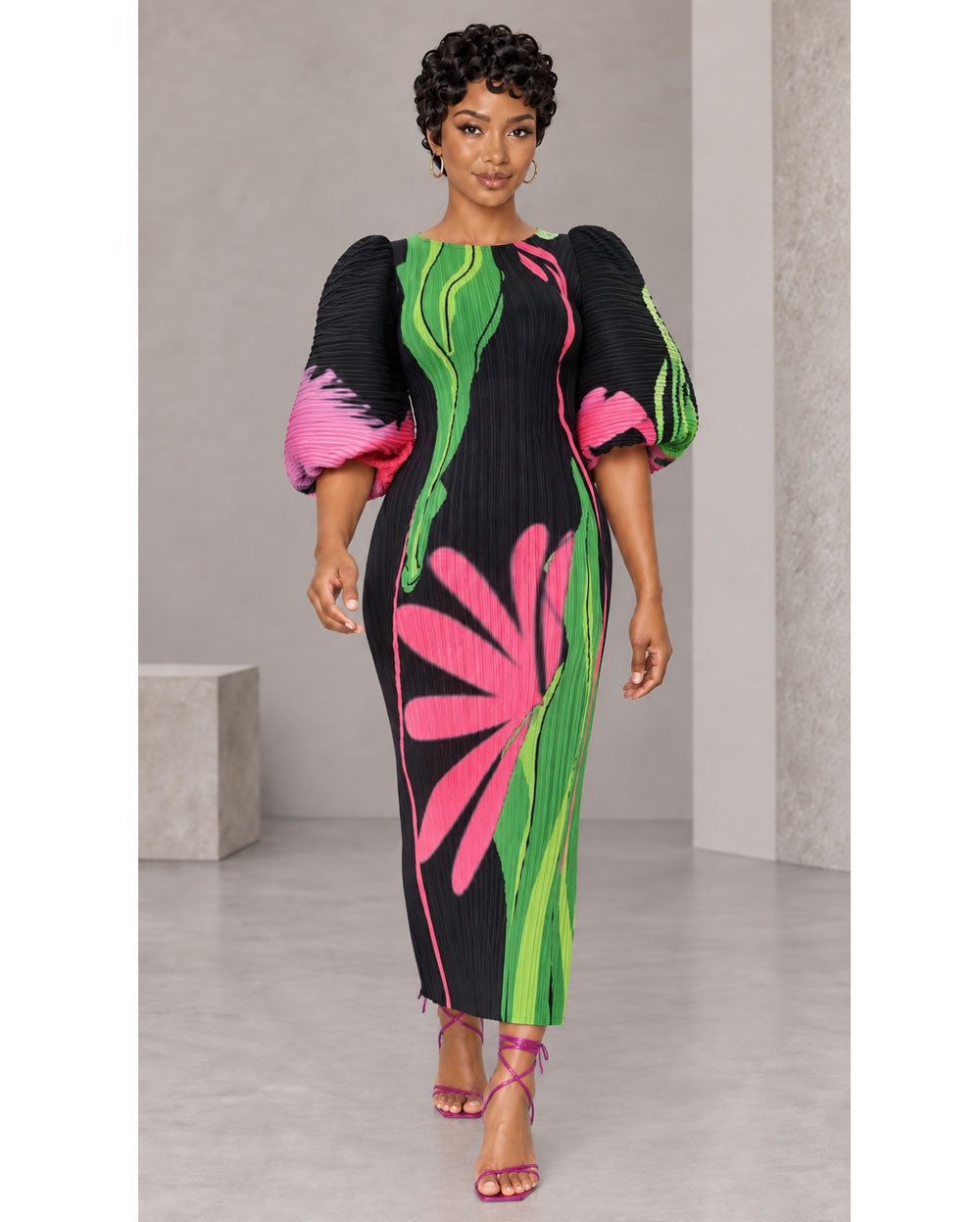 Black and green abstract-print pleated midi dress, full front view