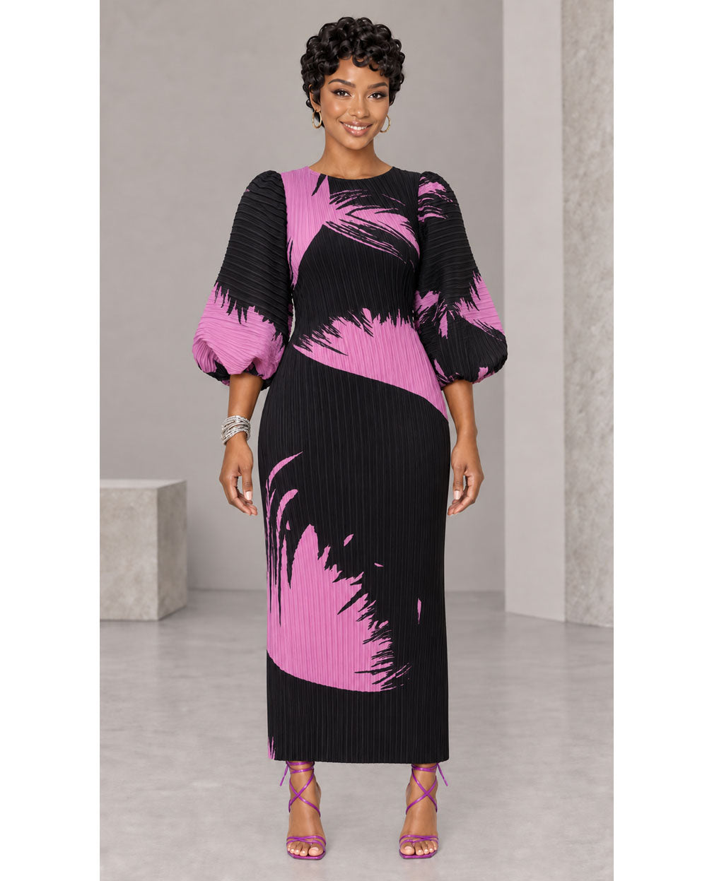Black and pink abstract-print pleated midi dress, front view