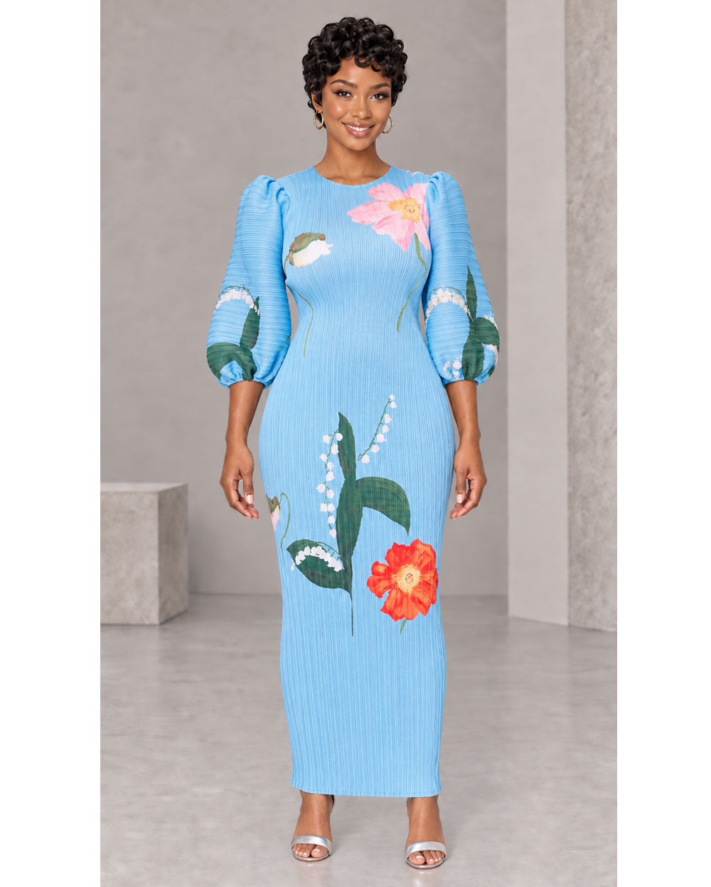 Light blue abstract-print pleated midi dress, front view