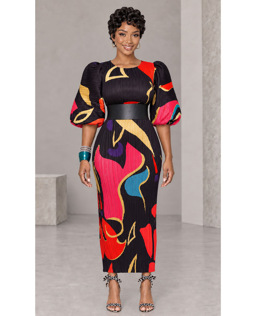 Black and red abstract-print pleated midi dress, front pose