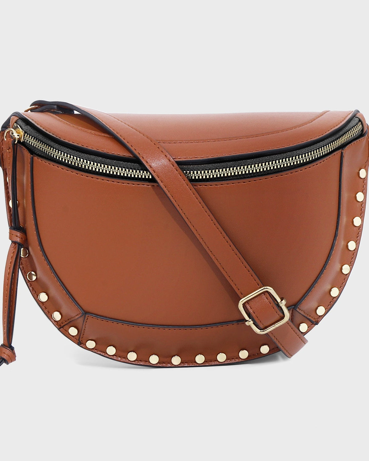 Brown studded crescent shoulder bag, front view