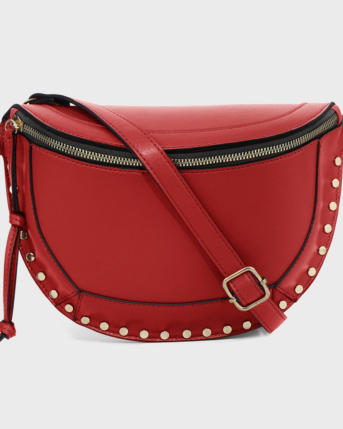 Red studded crescent shoulder bag, front view