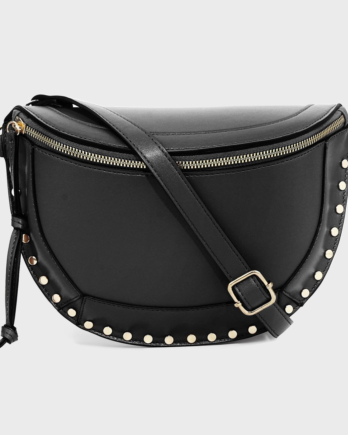 Black studded crescent shoulder bag, front view