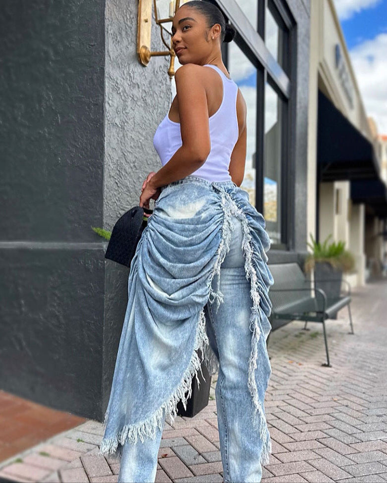 Fringe Layer Distressed Denim Jeans