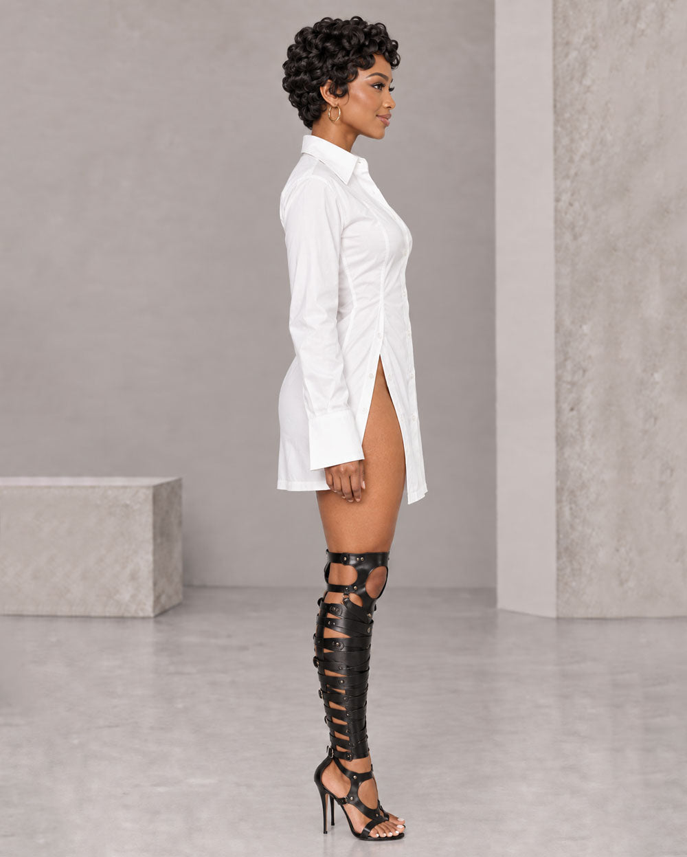 White button-front shirt mini dress, side view