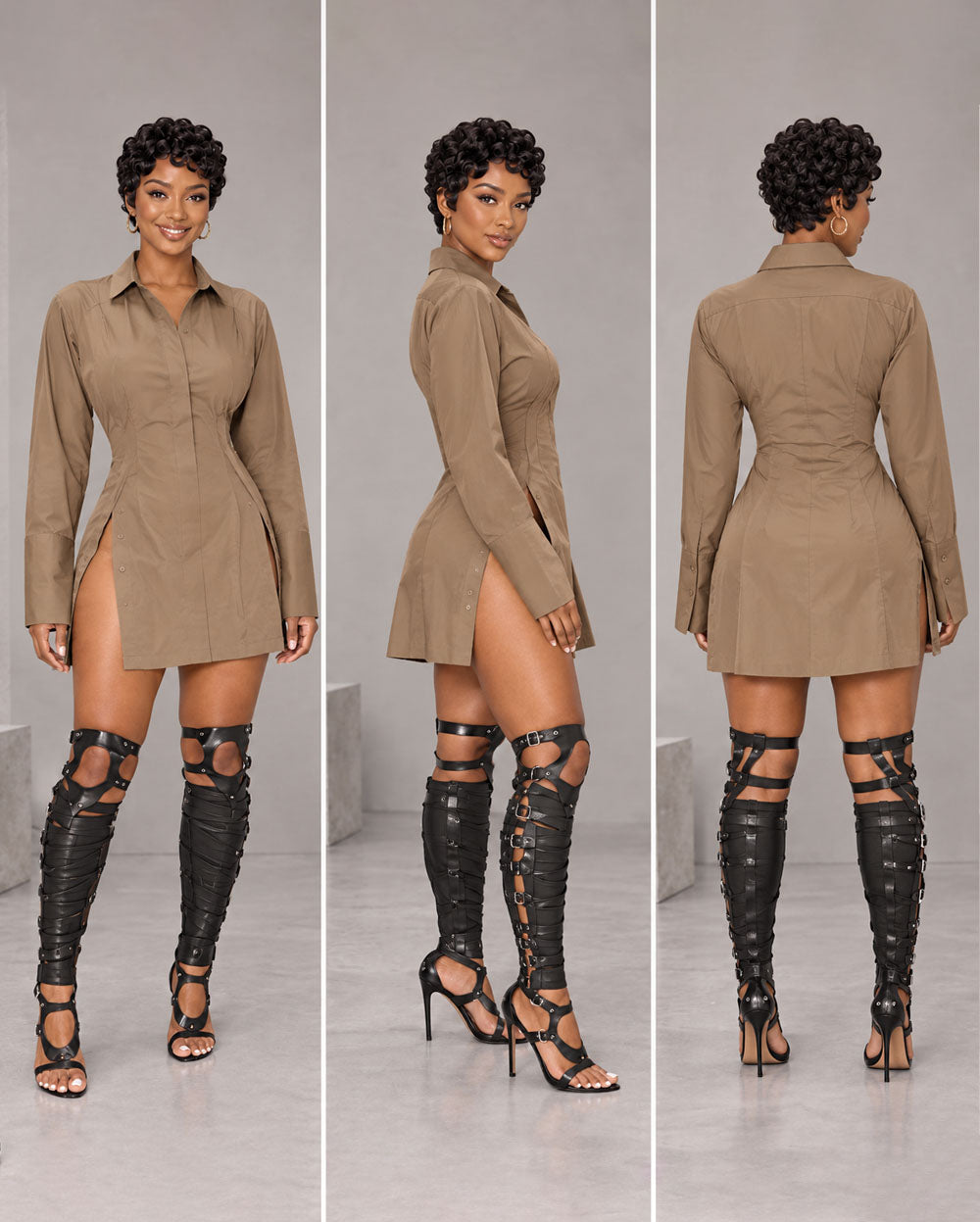 Khaki button-front shirt mini dress, front side and back views