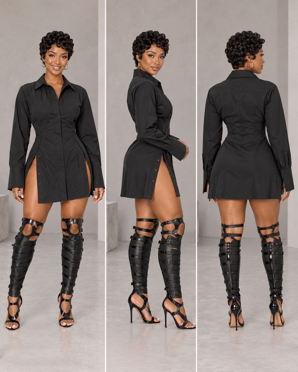 Black button-front shirt mini dress, front side and back views