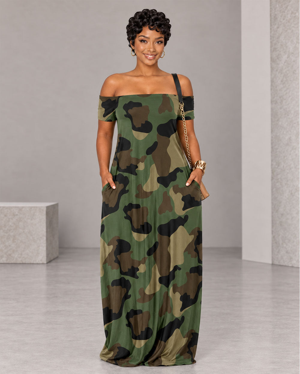 Camouflage off-shoulder maxi dress, front view
