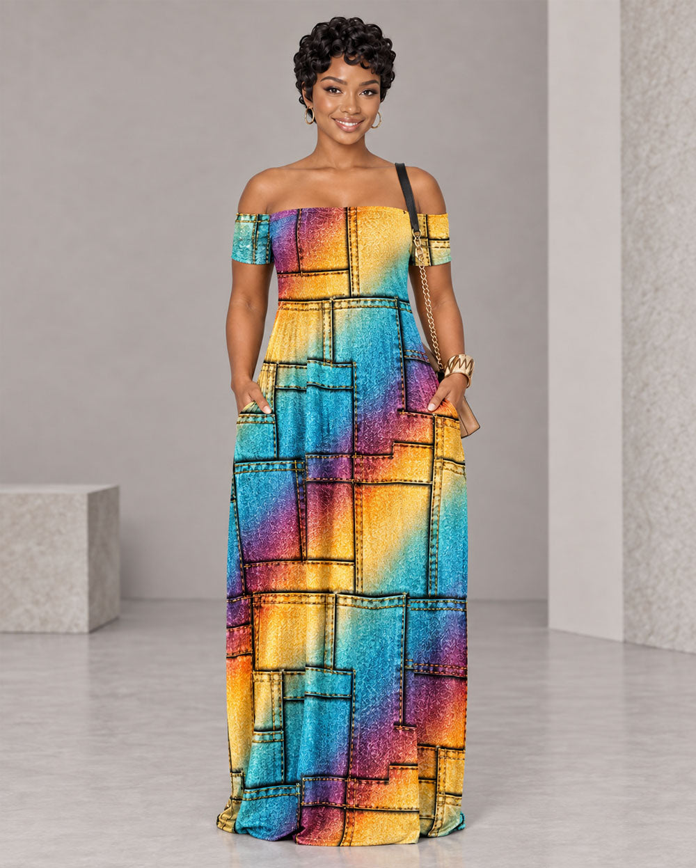 Yellow and blue print off-shoulder maxi dress, front view