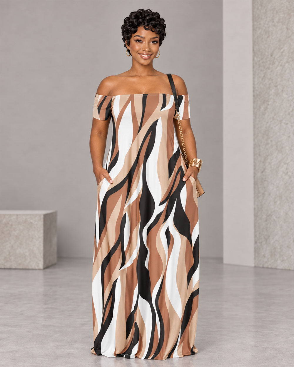 Apricot swirl-print off-shoulder maxi dress, front view