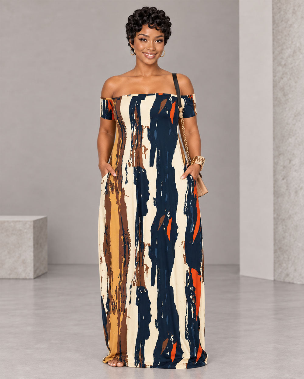Orange and blue print off-shoulder maxi dress, front view