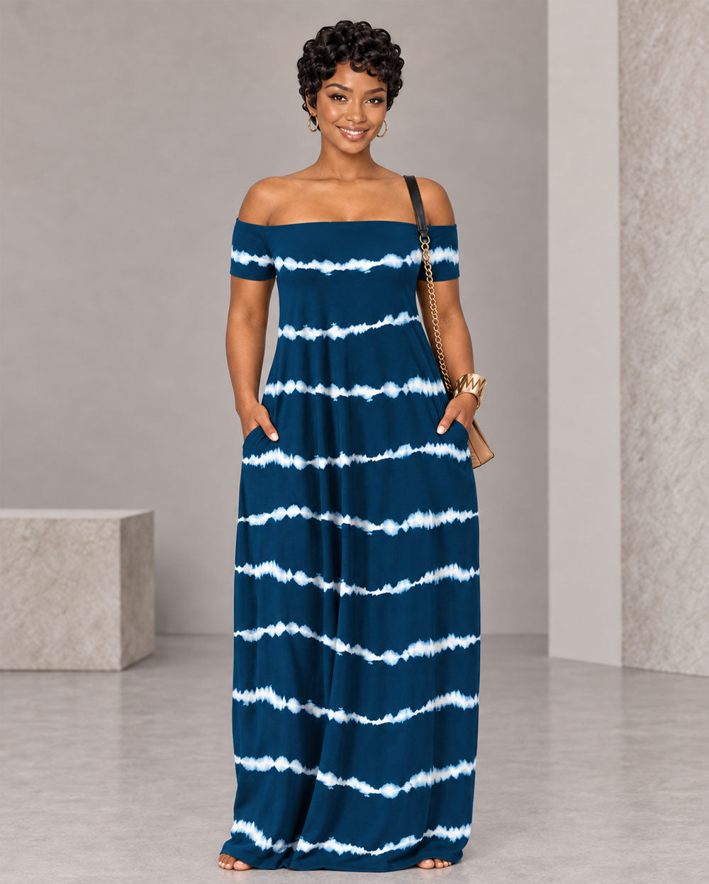 Blue stripe-print off-shoulder maxi dress, front view