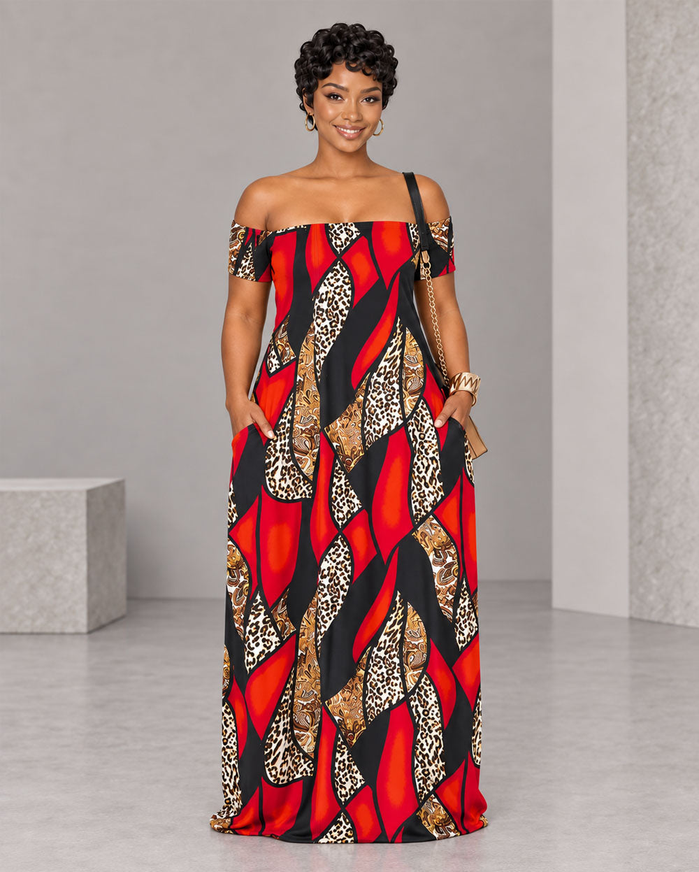 Red and black print off-shoulder maxi dress, front view