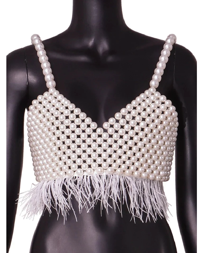 Pearl feather crop top with pearl shoulder straps