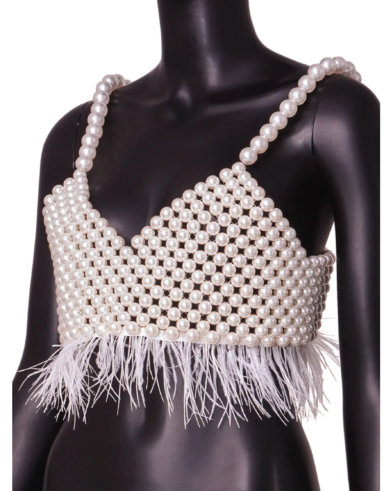 Pearl feather crop top with pearl shoulder straps