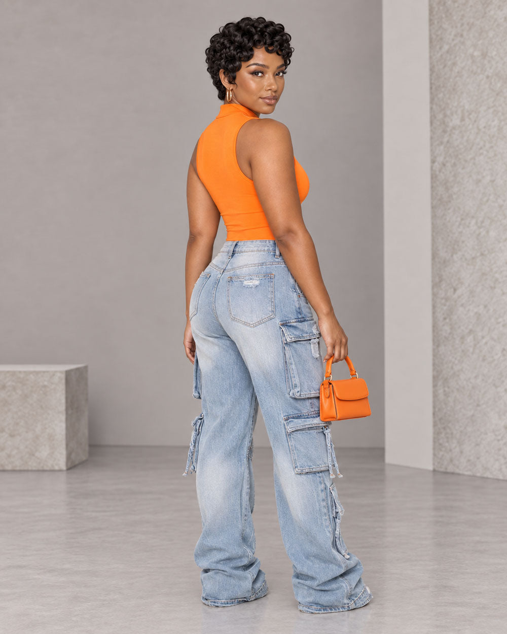 Pocket Grid Denim Cargo Jeans