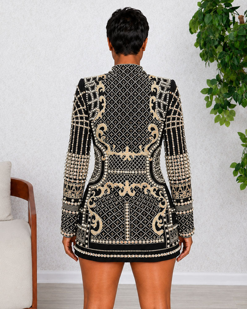 Gold-tone pearl-embellished blazer mini dress, back view