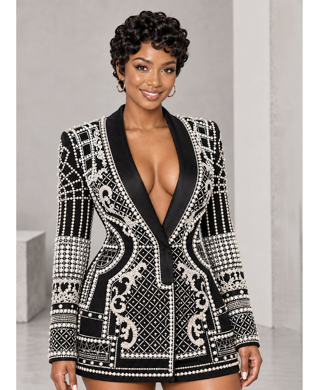 Silver pearl-embellished blazer mini dress, close front view