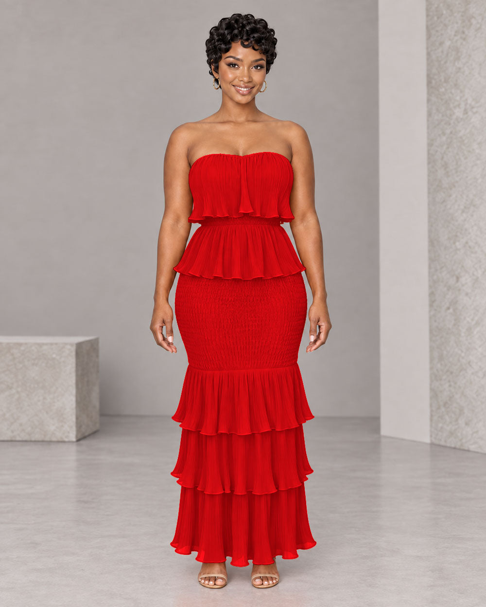 Red ruffle strapless tube maxi dress, front view