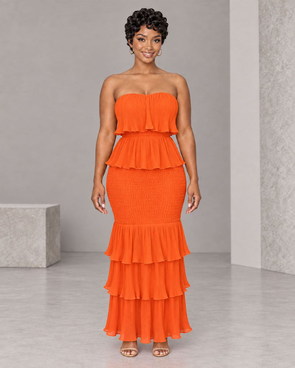Orange ruffle strapless tube maxi dress, front view
