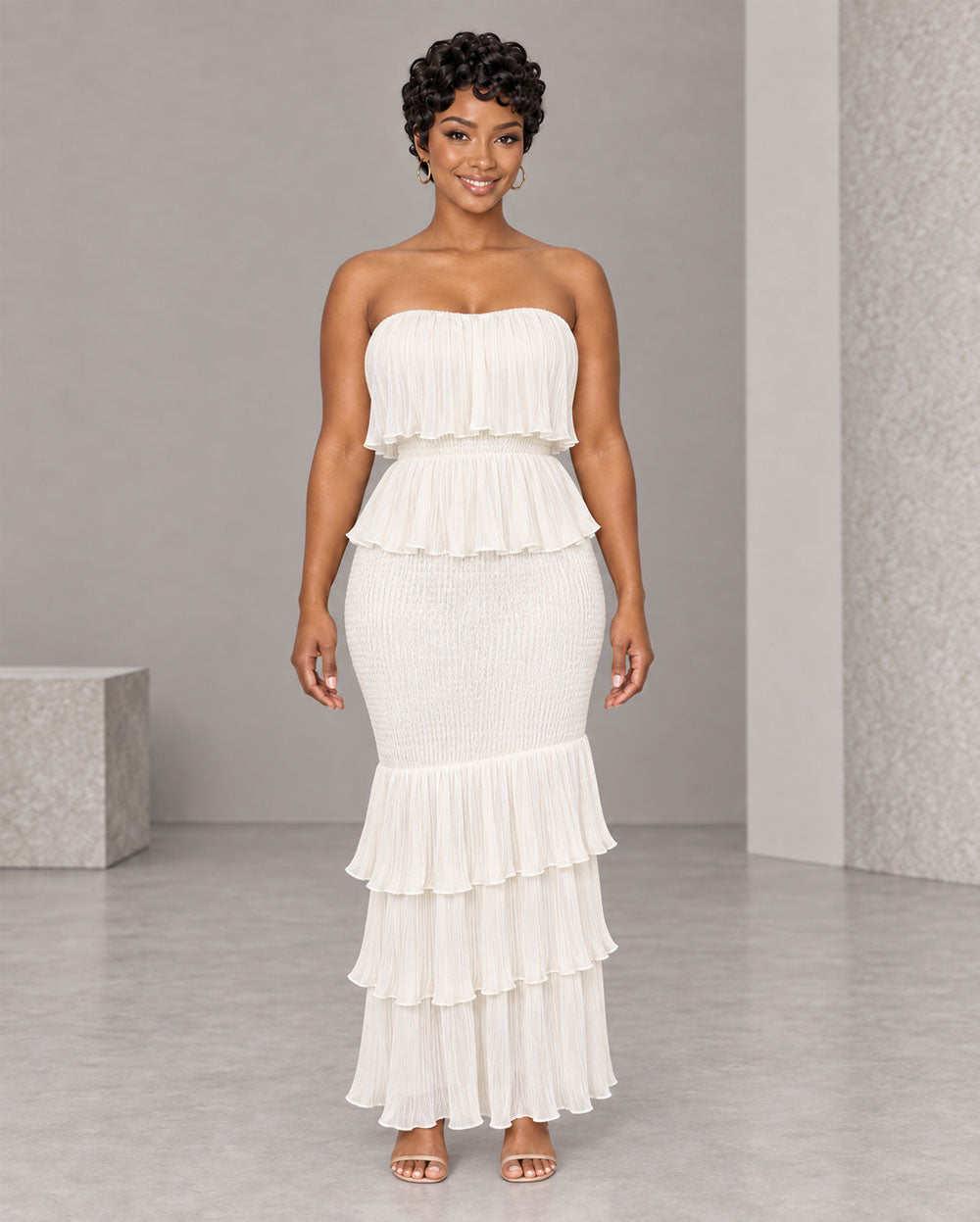 White ruffle strapless tube maxi dress, front view