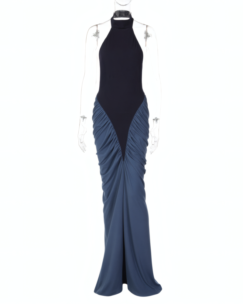 Navy and blue color-block halter maxi dress, product view