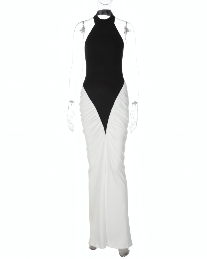 Black and white color-block halter maxi dress, product view