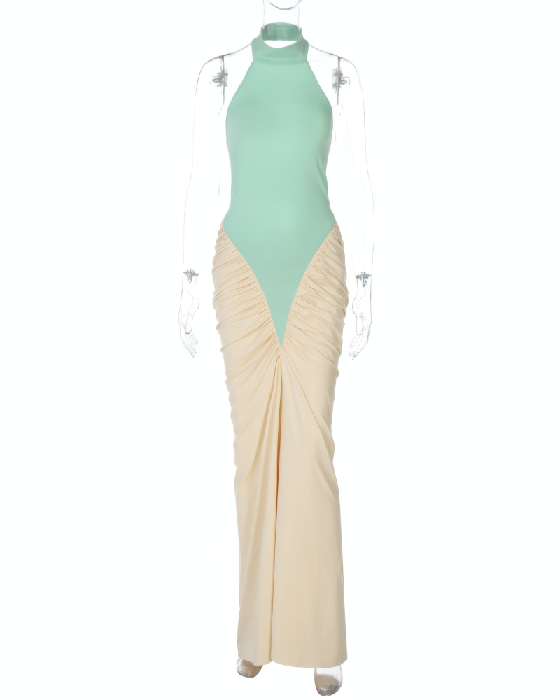 Sage and cream color-block halter maxi dress, product view