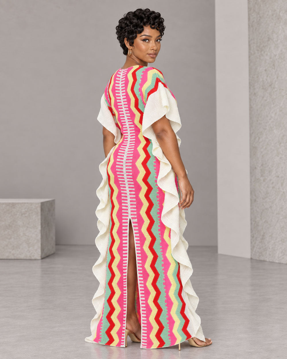 Rose red striped off-shoulder sweater maxi dress, side view
