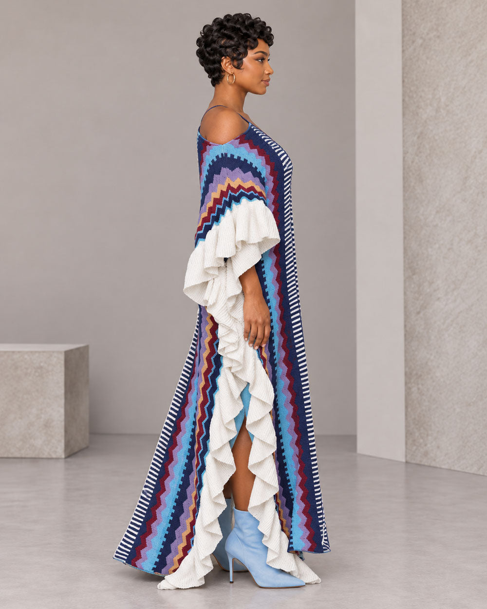 Blue multicolor striped off-shoulder sweater maxi dress, side view