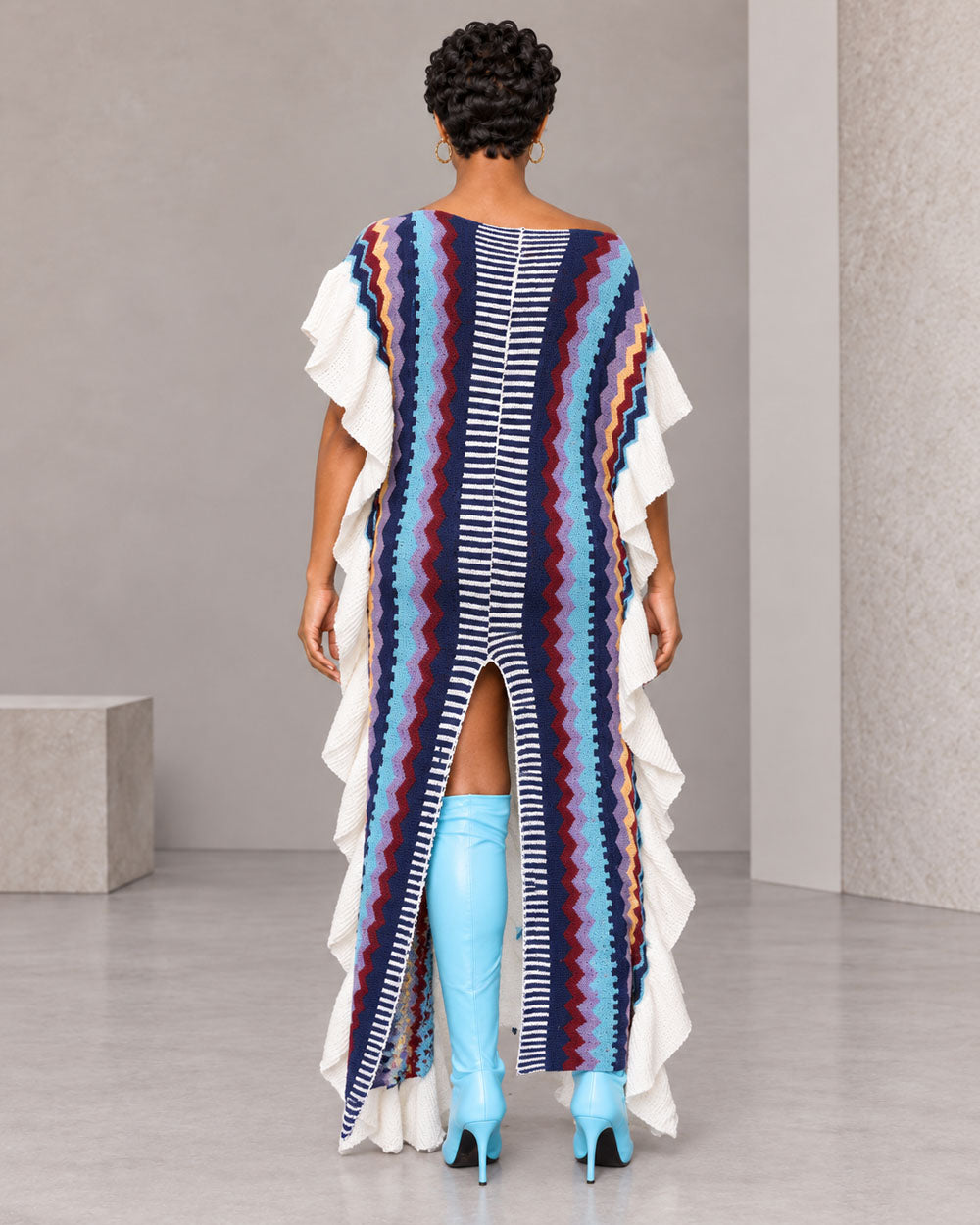 Blue multicolor striped off-shoulder sweater maxi dress, back view