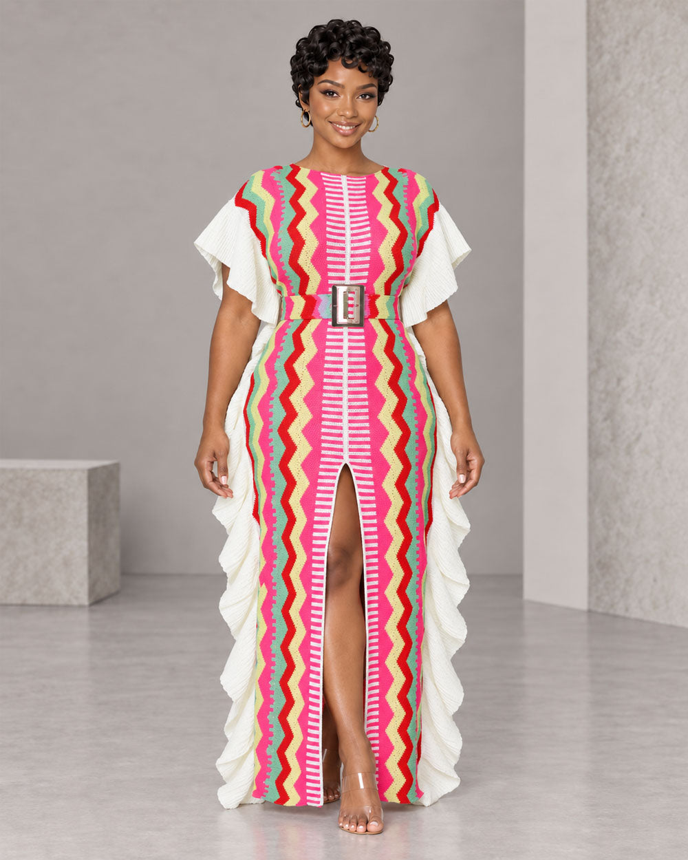 Rose red striped off-shoulder sweater maxi dress, back view