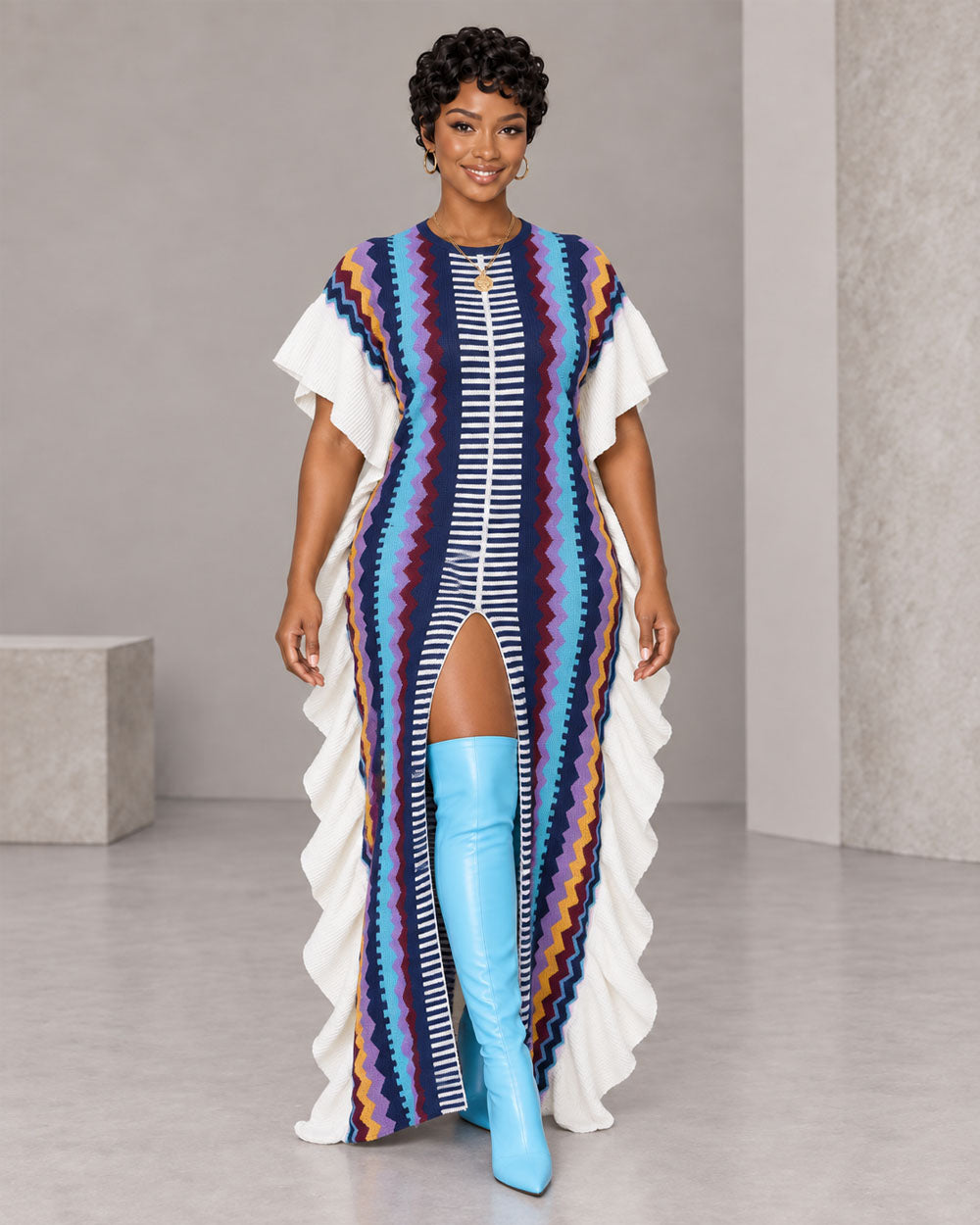 Blue multicolor striped off-shoulder sweater maxi dress, front view