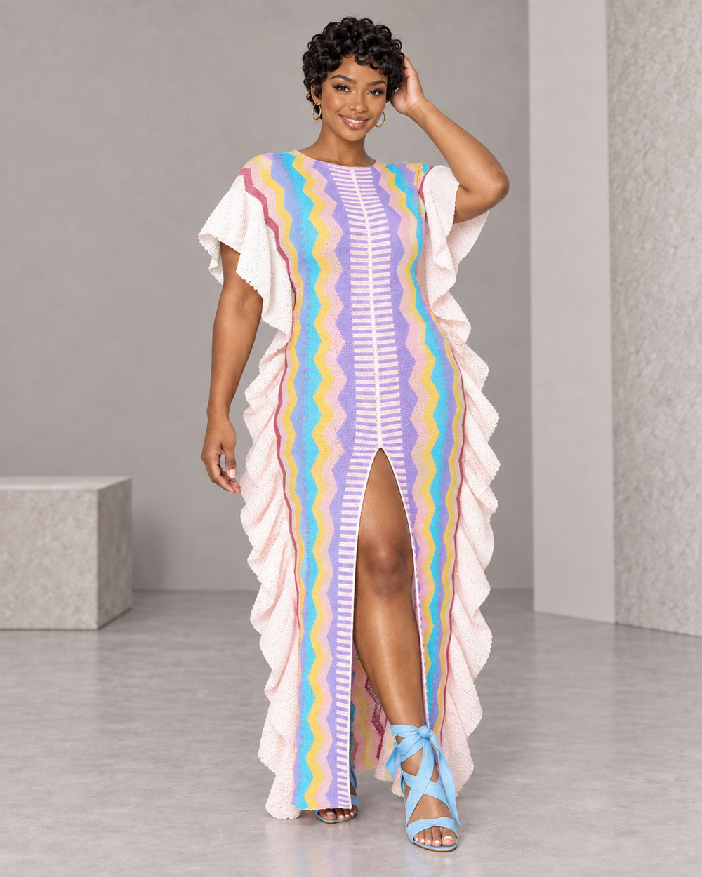 Light blue pastel striped off-shoulder sweater maxi dress, front view