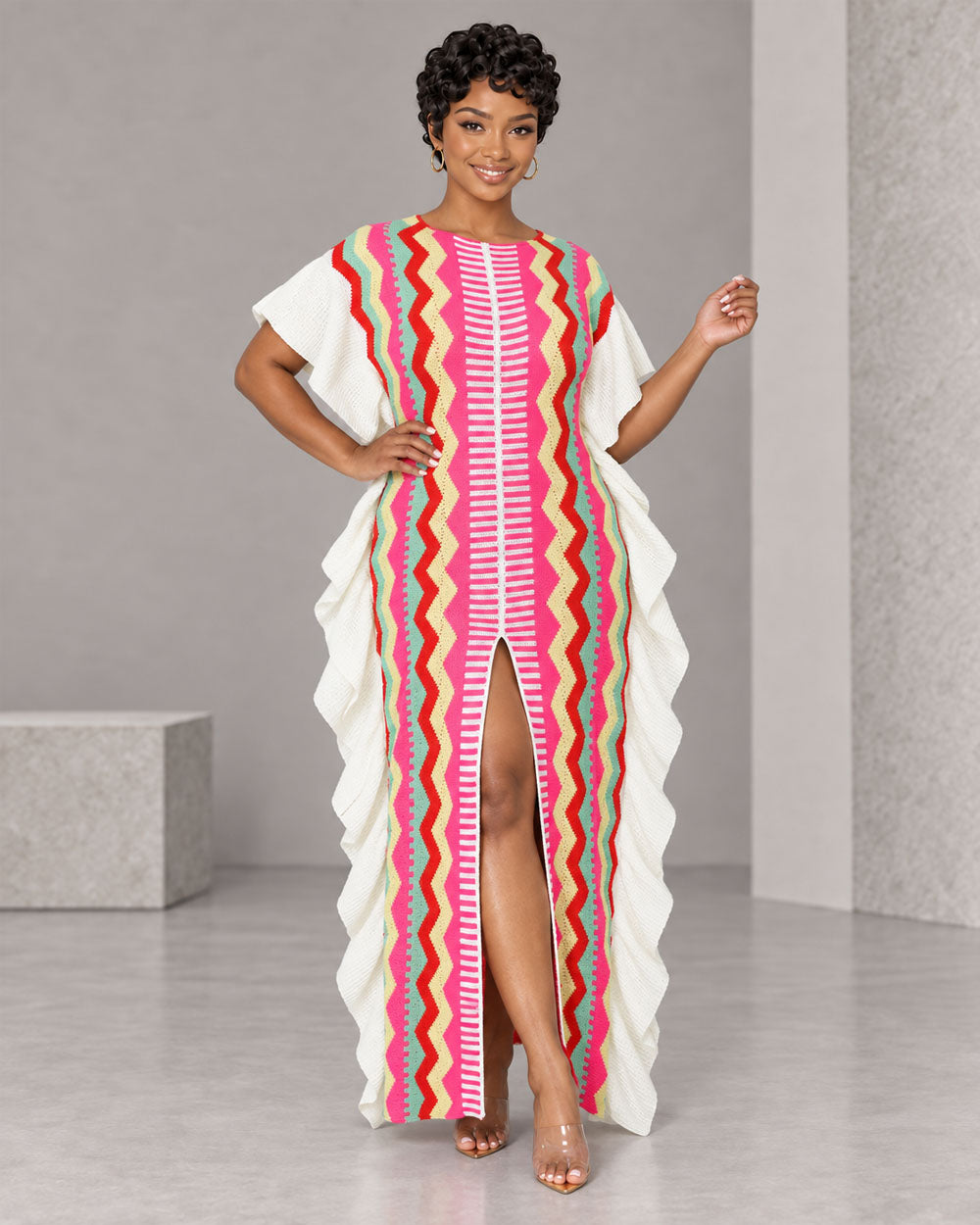 Rose red striped off-shoulder sweater maxi dress, front view