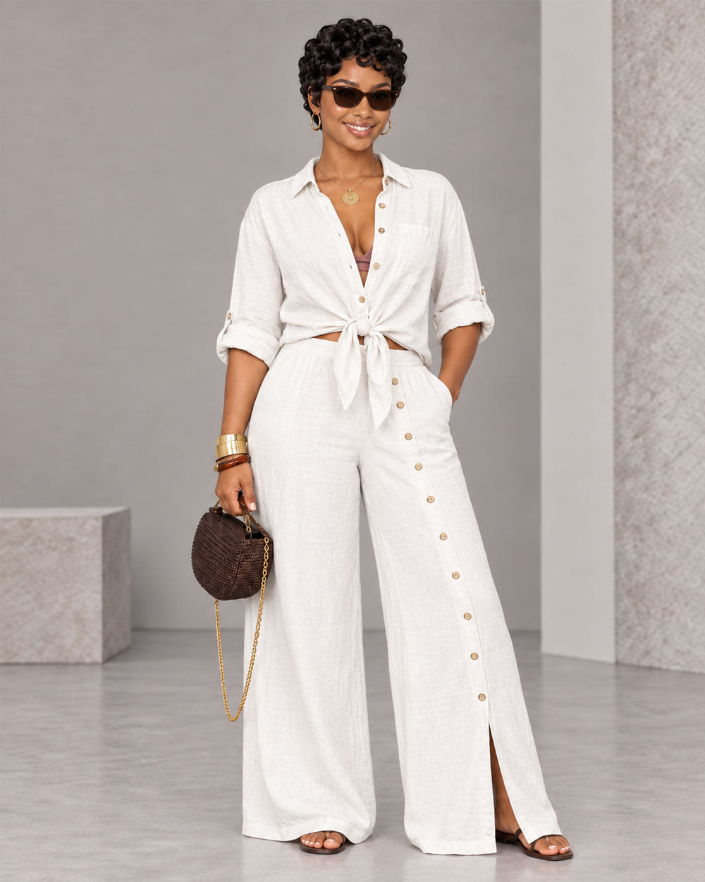 Side Note Button-Detail Pant Set