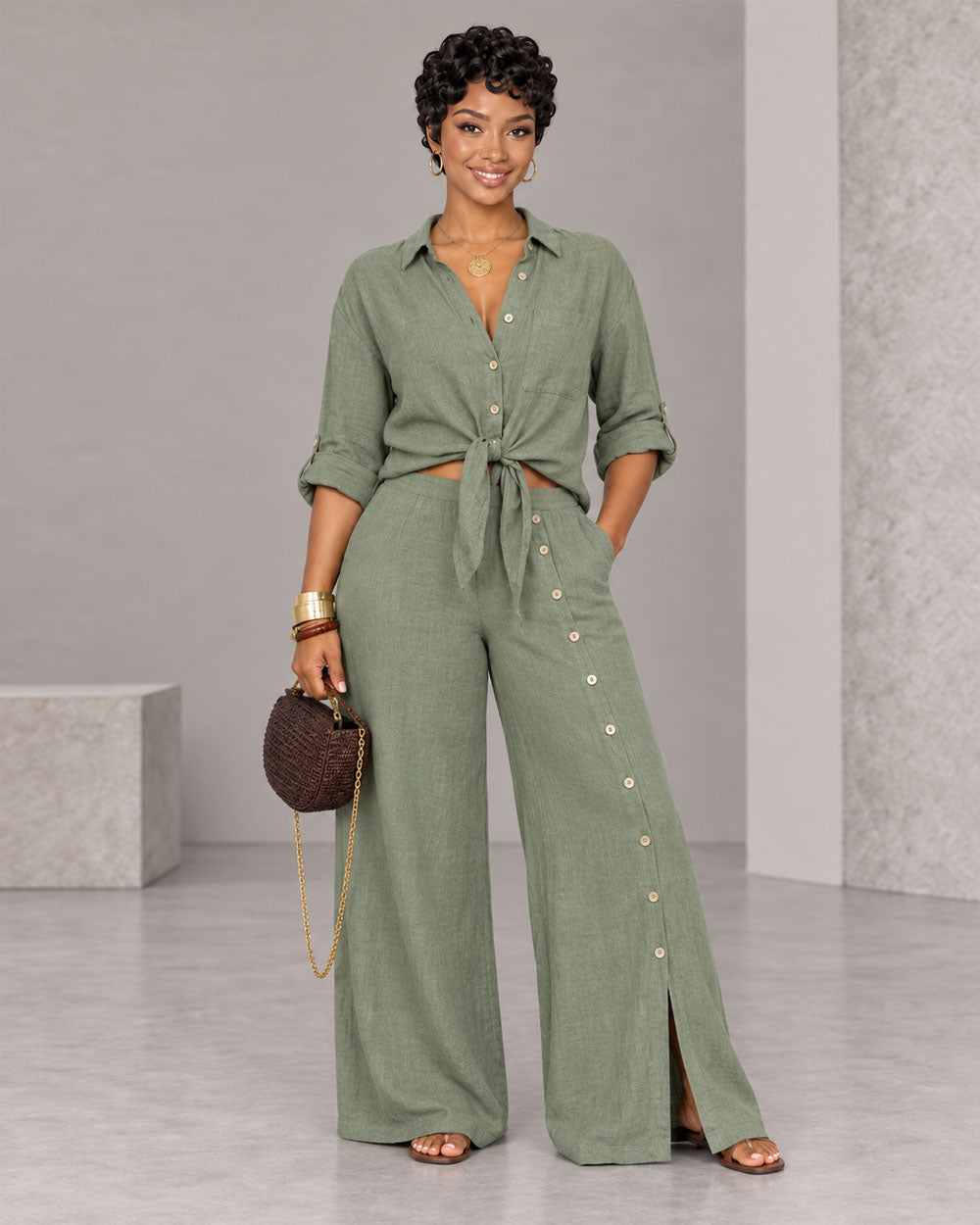 Side Note Button-Detail Pant Set