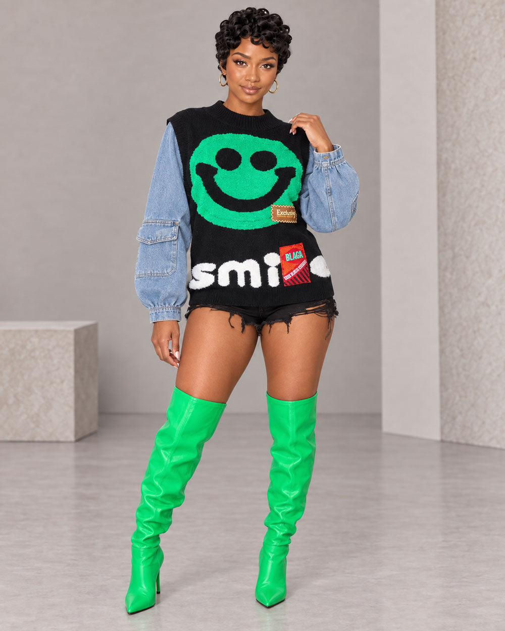 Smile Back Denim-Sleeve Sweater